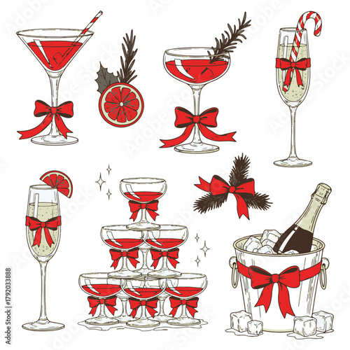 Hand-Drawn Christmas Cocktails with Bows, Doodle Holiday Drinks Vector