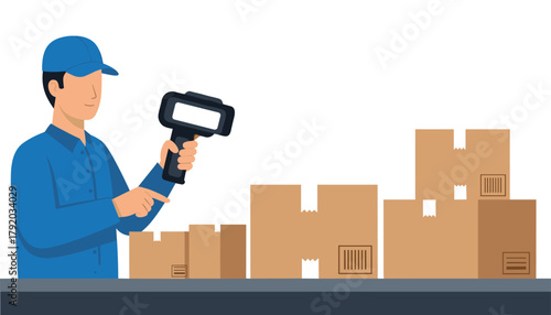 Warehouse worker scanning packages with handheld device, streamlining logistics and inventory management for efficient supply chain operations