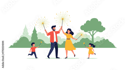 Celebration of Family Moments with Sparklers: A happy family gathered in a park, celebrating with sparklers creating a bright spectacle against the soft background of a summer day.