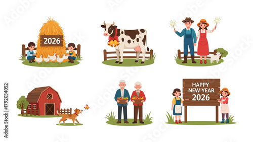 Farm life of New Year 2026: The illustration depicts a heartwarming farming theme for the year 2026, featuring a barn, farmers, farm animal, and children celebrating.