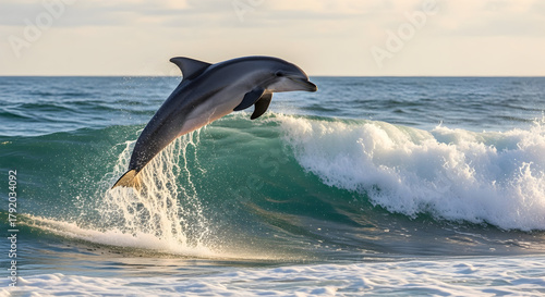 Fototapeta Naklejka Na Ścianę i Meble -  A dolphin leaps dramatically from a wave with ocean horizon and sky in the background at sunset hour