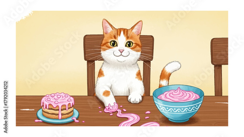Cat's Sweet Culinary Curiosity: An adorable feline, seated at a table, has playfully dipped its paw into the creamy pink frosting of a cake, creating a sweet mess! 