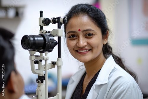 Indian Optometrist Woman in White Lab Coat Smiling at Camera Fictional Character Created By Generative AI