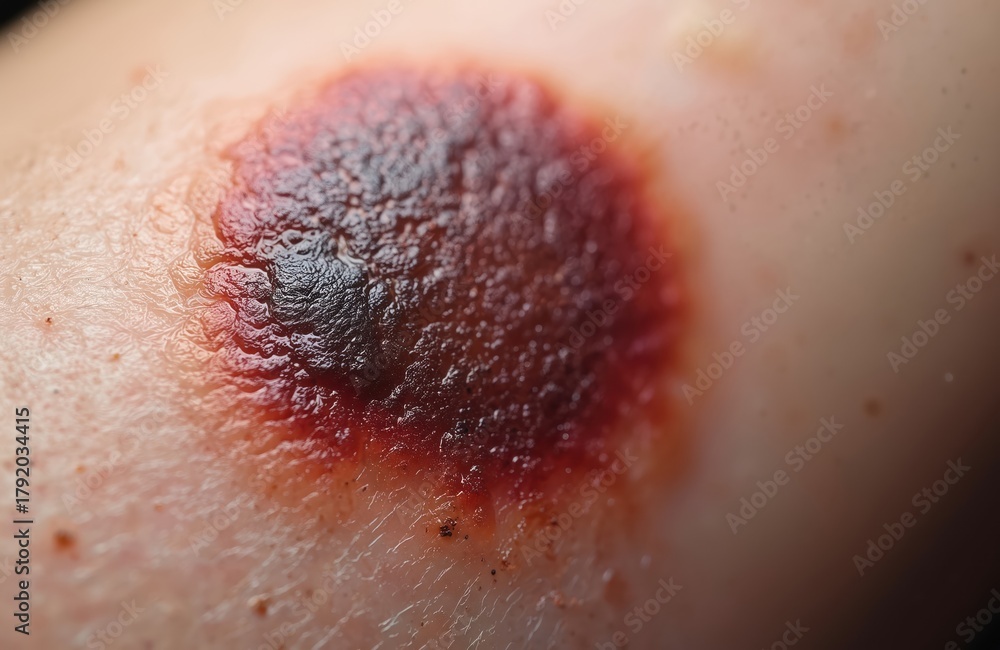 Fototapeta premium Close up view of malignant melanoma skin lesion. Dark irregular mole on human epidermis, indicative of cancerous growth. Medical macro shot.