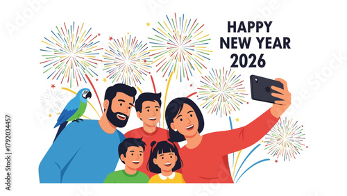New Year's Selfie with Family: A family captures a New Year's selfie amidst a vibrant display of fireworks, looking forward to the year ahead with anticipation and togetherness.