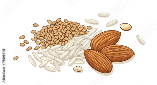 Delicious almonds and rice grains artfully arranged for healthy eating inspiration and culinary design projects