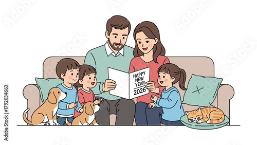 Warmth and Togetherness: A loving family, gathered on a cozy sofa, shares a heartwarming moment while reading a Happy New Year 2024 book, surrounded by their furry companions.