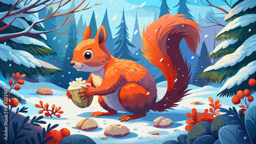 A red squirrel collecting acorns on the forest floor, surrounded by softly falling snow and frosty branches, capturing the charm of winter wildlife in natural light