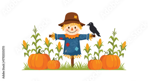 Cheerful scarecrow guards bountiful harvest of pumpkins and corn under clear sky, perfect for autumn celebrations