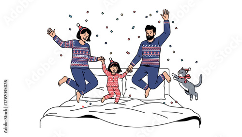 Joyful Family Celebration: A joyful family celebrates with a festive scene with jumps in the bedroom, capturing the intimate essence of togetherness and happiness.