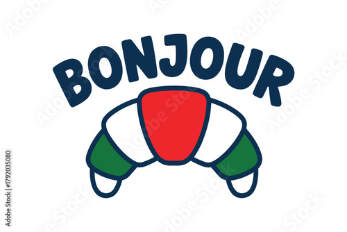 The word 'Bonjour' is displayed above a stylized croissant with the colors of the Italian flag, signifying a French greeting with Italian influence.
