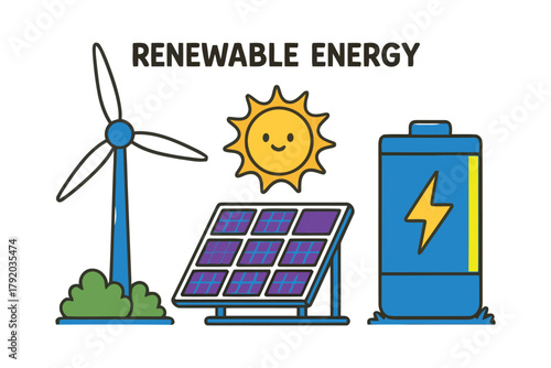 Renewable energy sources including a wind turbine, solar panel, smiling sun, and a battery are depicted in a simplified illustration.