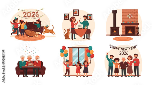 Celebration in 2026: Various scenes of joyful gatherings and festive moments, portraying the spirit of the year with warmth and cheer.