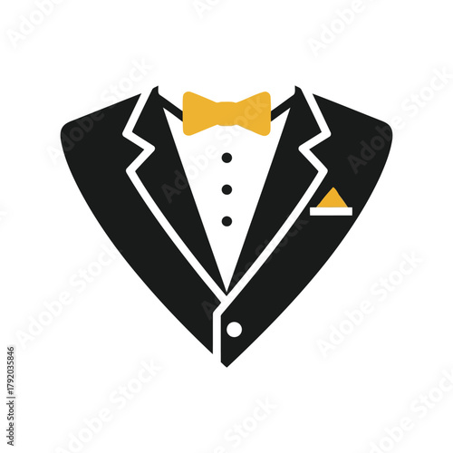 Elegant black tuxedo with yellow bow tie and pocket square flat icon isolated on white background, Vector
