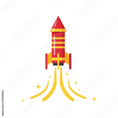 Flat design red and yellow rocket blasting off with stars and smoke trails isolated on white background, Vector
