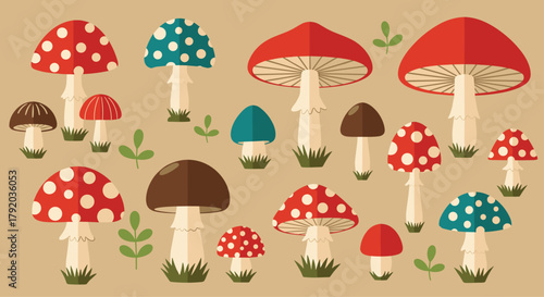 Whimsical collection of charming flat design mushrooms in vibrant reds, blues, and browns, perfect for nature themes