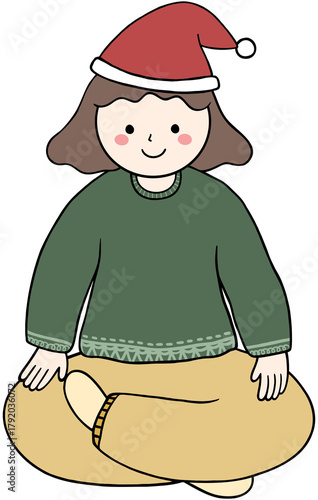 Cartoon happy Girl sitting and wearing in Christmas winter clothes