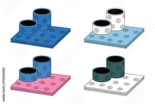 Four different color variations of a desktop organizer set, each featuring two cylindrical containers on a square base with a repeating circular pattern.