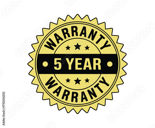 A yellow and black circular badge prominently displays the text "WARRANTY 5 YEAR WARRANTY" in bold lettering, signifying a guarantee of service or product quality for a five-year period.
