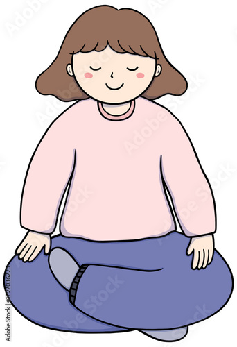 Woman meditating in lotus position.Cartoon girl doing yoga for calm and peaceful mind.Self love treatment