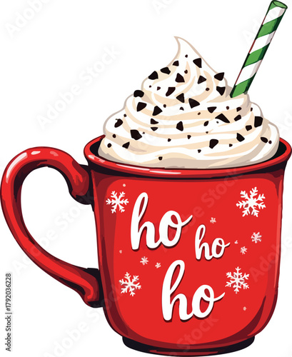 Red Christmas mug with whipped cream, sprinkles, straw, and “ho ho ho” festive vector illustration