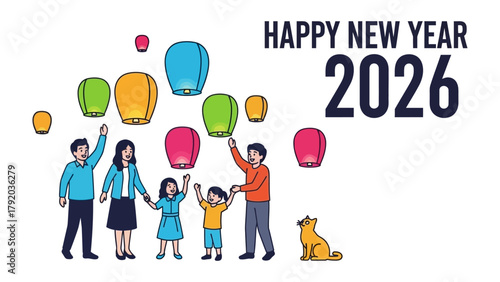 New Year Celebration: A cheerful family gathering celebrates the new year, releasing colorful lanterns into the night sky, embodying hope and anticipation for the coming year.