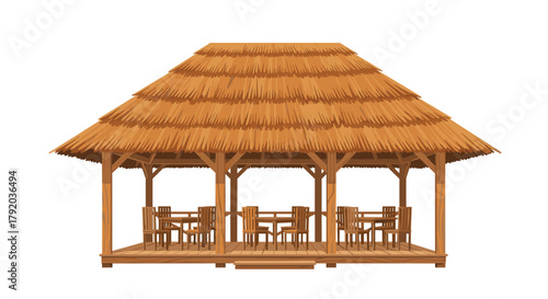 Tropical thatched gazebo with wooden tables and chairs offers a serene outdoor dining or relaxation spot