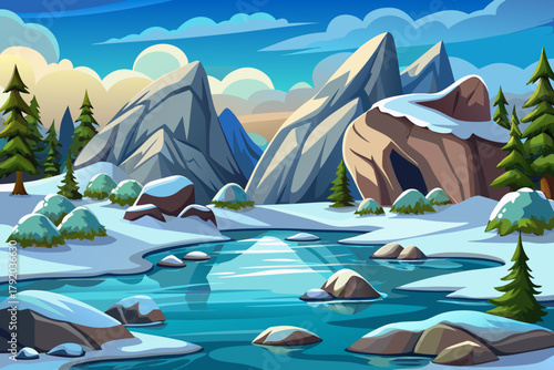 Huge rocks half buried vector illustration cartoon in snow beside frozen lake under cloudy winter sky