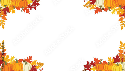 Vibrant pumpkins and autumn leaves create a festive harvest border, perfect for seasonal invitations and fall décor designs