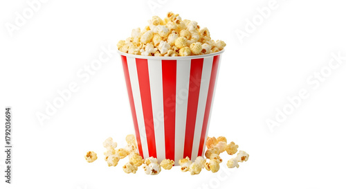 Classic red and white striped bucket overflowing with freshly popped popcorn isolated on transparent background