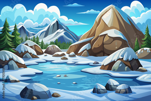 Huge rocks half buried vector illustration cartoon in snow beside frozen lake under cloudy winter sky