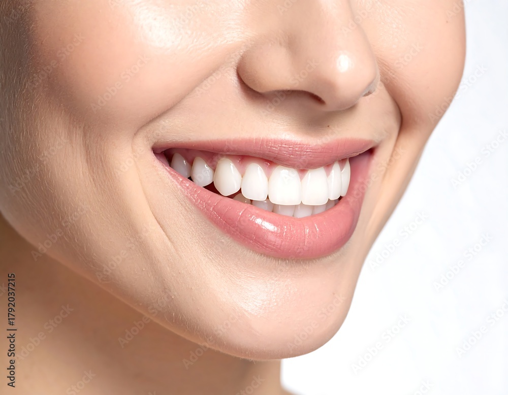 Obraz premium Close-up of a smiling face, showing healthy white teeth and pink lips
