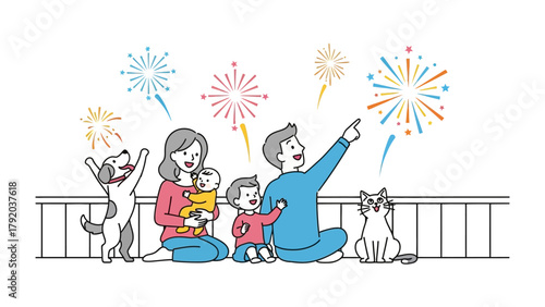 Family Festive Display: A vibrant illustration captures a joyful family and their pets, all eyes on a burst of colorful fireworks in the night sky, creating a scene of unity and celebration.