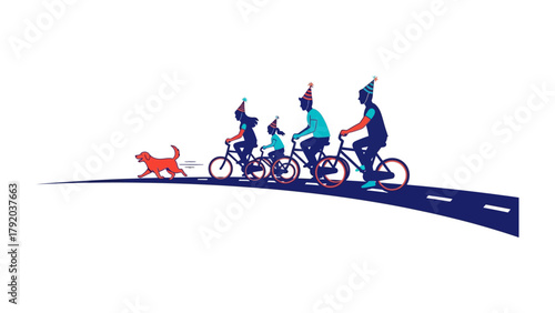 Cycling Together: A vibrant illustration depicts a family and dog on a cycling adventure, each figure radiating with joy as they pedal along a winding road.