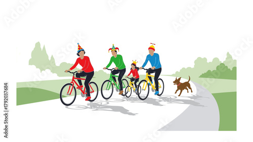 Family Cycling Adventure: A cheerful family, complete with a playful canine companion, embarks on a delightful cycling adventure along a scenic path.