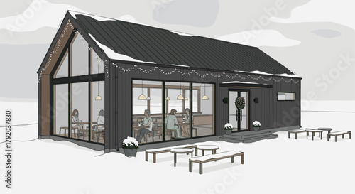 Cozy modern cafe nestled in snowy landscape with warm interior lights and inviting outdoor seating ready for winter patrons