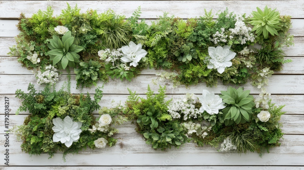 Fototapeta premium Lush green vertical garden wall with assorted plants and white flowers on a rustic wood background.