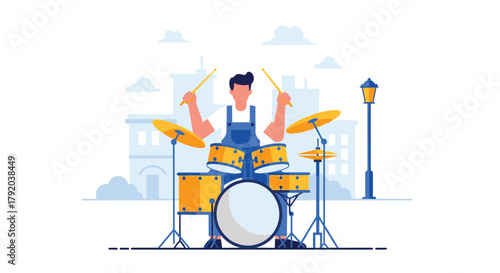 Energetic drummer passionately performing on street stage with city skyline backdrop, creating vibrant urban music vibes