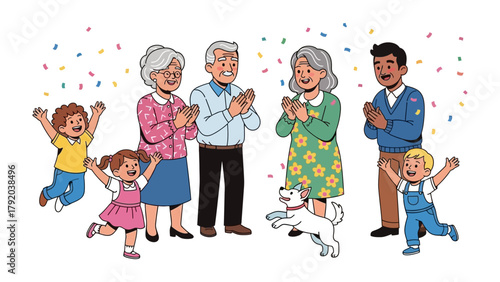 Joyful Gathering: A multigenerational family gathers to celebrate with playful children, clapping grandparents, and a cheerful canine companion amid festive confetti.
