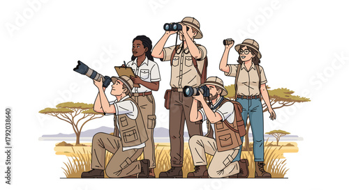 Adventurous explorers capture wildlife and nature scenes on safari, documenting their incredible journey with cameras and binoculars