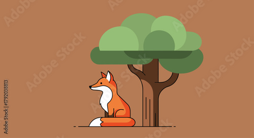 Whimsical fox rests peacefully under a lush green tree in a stylized natural setting, perfect for storybooks and branding