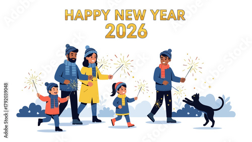 Joyful Celebration of New Year 2026: A happy family celebrates the new year outdoors with sparklers and joy, sharing the happiness.