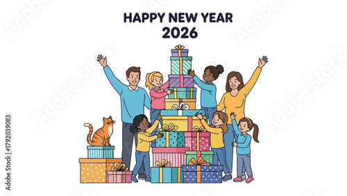 Happy New Year 2026: Festive graphic of a diverse family united by a vibrant array of wrapped gifts, heralding the arrival of a joyful new year.