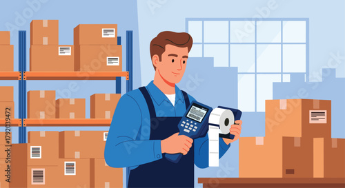 Dedicated warehouse worker diligently scanning package labels with a handheld device for efficient inventory management