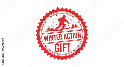 Dynamic winter action gift stamp with skier silhouette and snow splashes