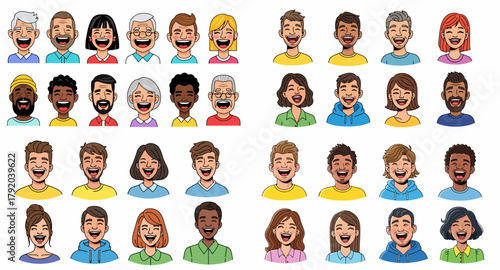 Diverse people laughing faces collection