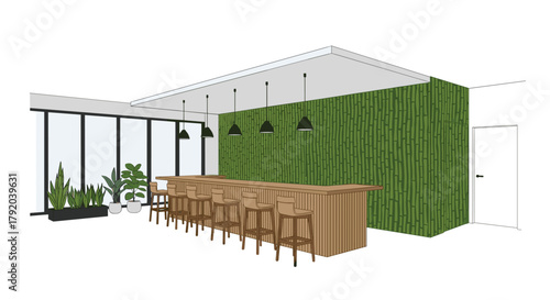 Modern bar interior design featuring a sleek wooden counter, comfortable stools, vibrant green bamboo accent wall, and ample natural light