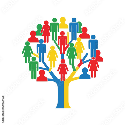 Diverse community tree icon: people icons representing unity and connection isolated on white background, Vector
