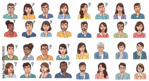 People thinking and pondering with questioning expressions