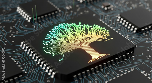 Digital tree on microchip symbolizes green technology and innovation for ESG financial reporting. This hopeful network represents sustainable computing growth for future